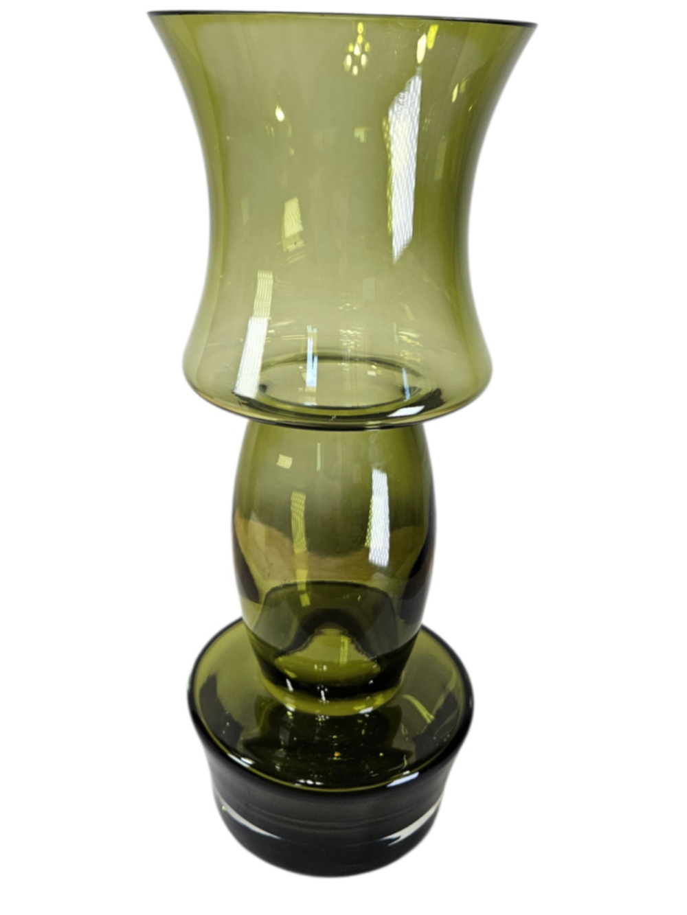 Riihimäen Lasi Finnish Olive Green Glass Vase MCM Scandinavian Dumbell Art Glass